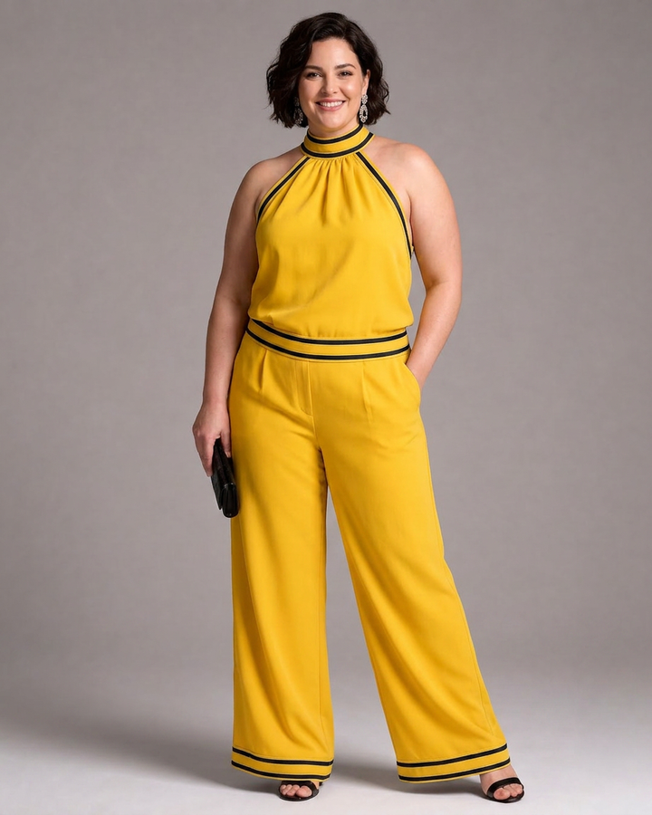 Saffron | Kontrastivärinen Halterneck Laaja Jumpsuit