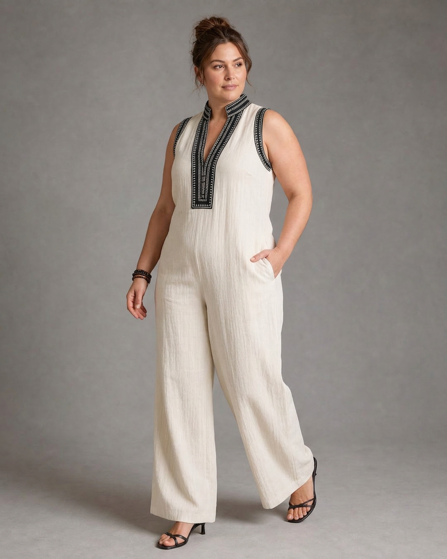 Wilhelmina | Brodeerattu V-pääntie ilman hihoja leveälahkeinen haalari