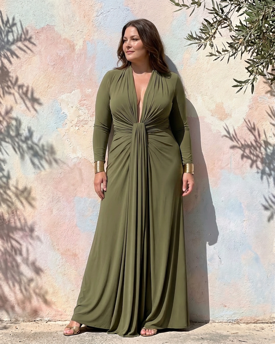 Vienne | Draped Deep V Neck Long Sleeve Maxi Dress