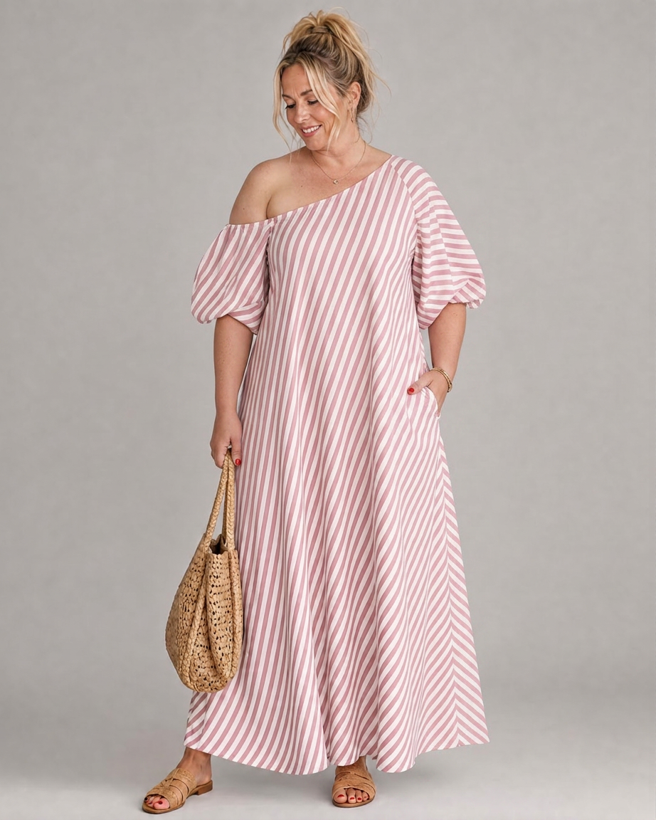 Seraphina | Raidallinen Olkaimeton Puffi Hiha Midi Mekko