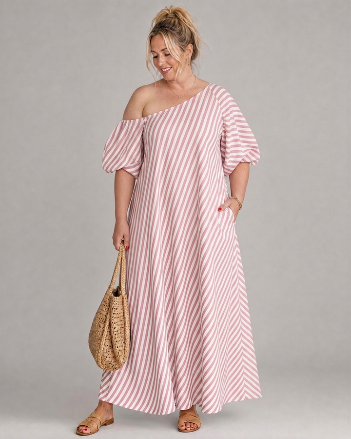Seraphina | Raidallinen Olkaimeton Puffi Hiha Midi Mekko