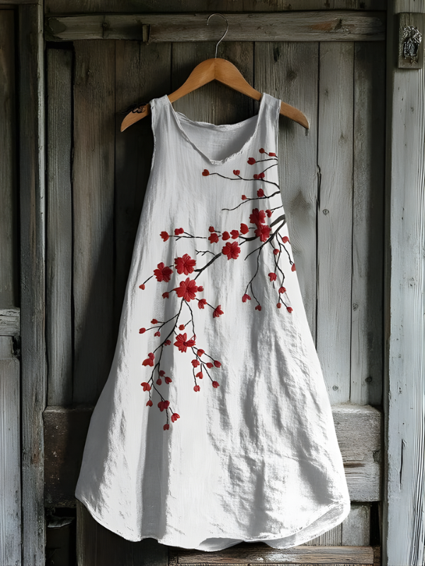 Nova - Vintage Punainen Kukka Pellavapaita Mekko