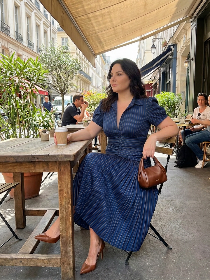 Vita | Pleated Waistline Stripe Midi Dress