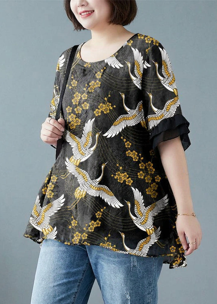 Linnea - Irtonainen Sininen Pilkullinen Batwing Hihainen Puuvilla Pellava T-paita