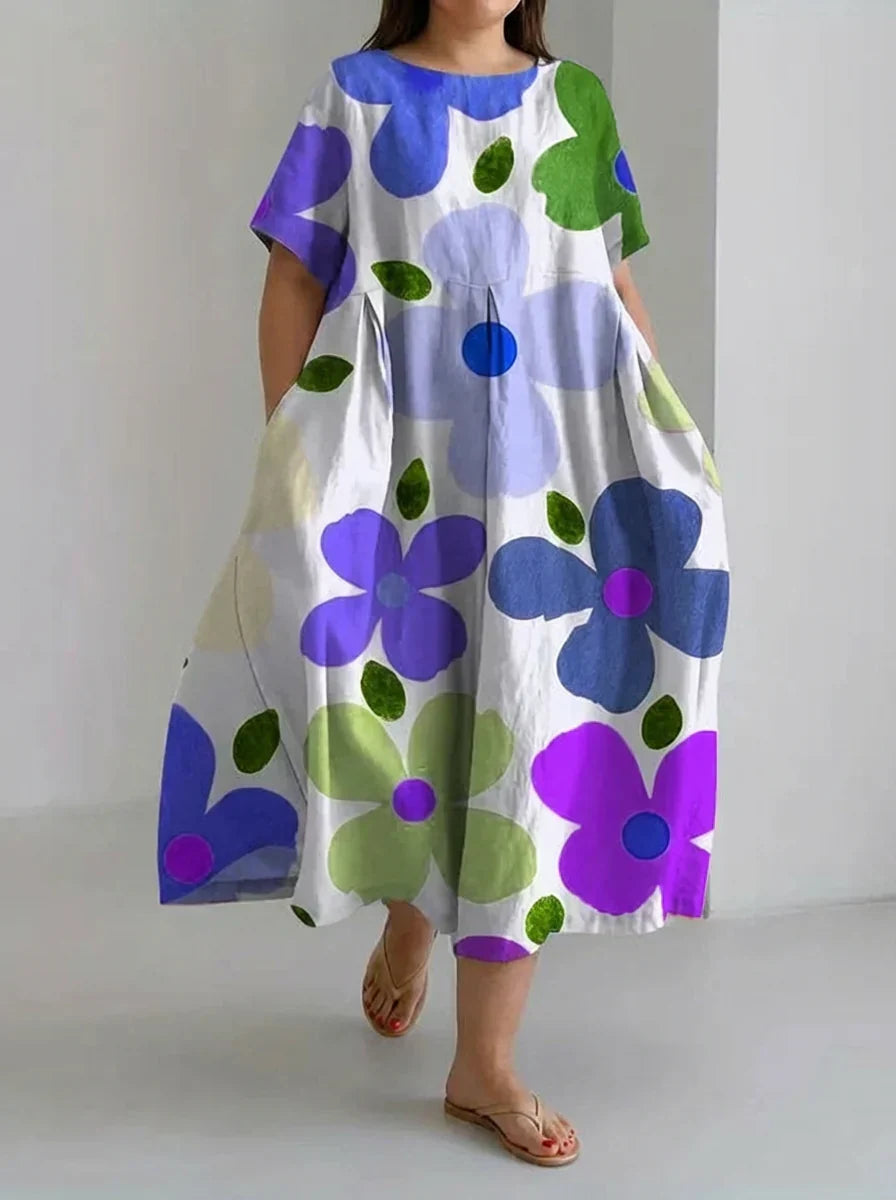 Aveline | Retro Botaninen Kukkasuunnittelu Painettu Rentohenkinen Mekko