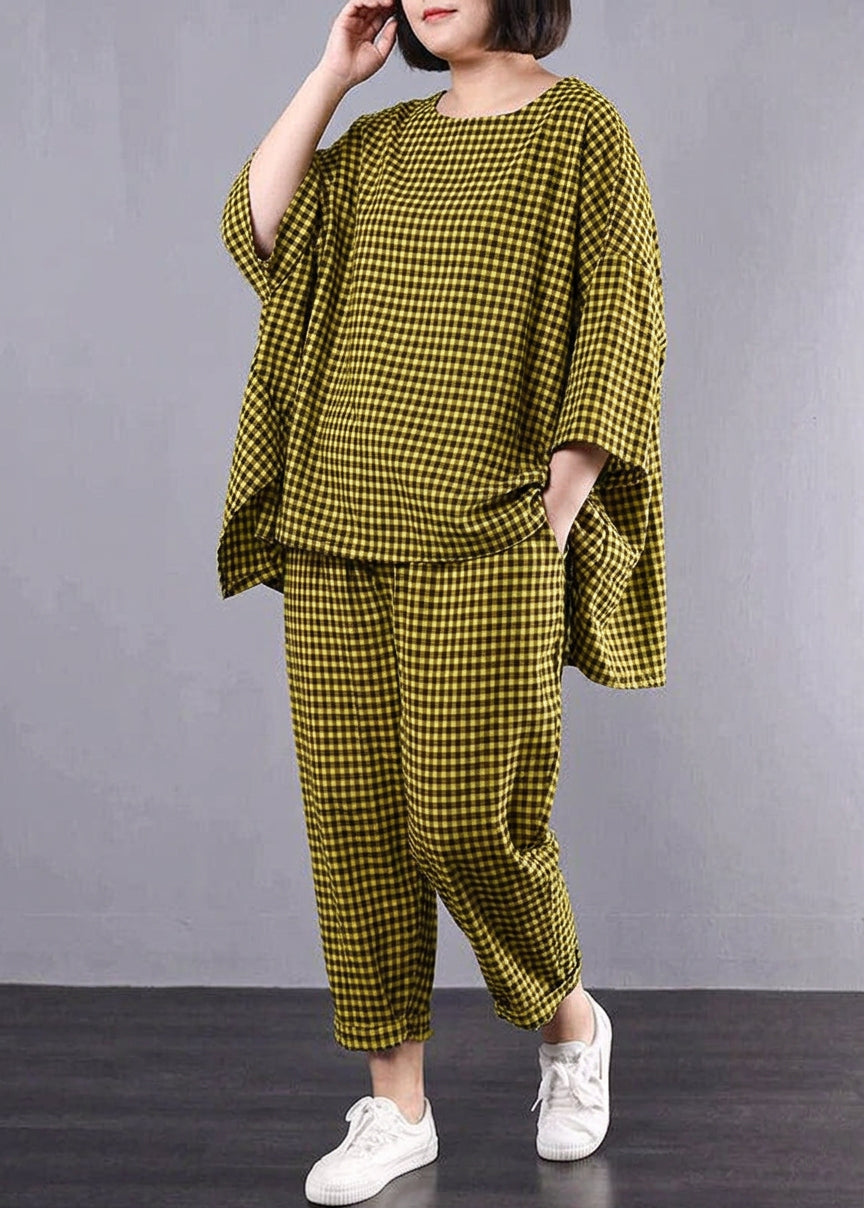 Elke - Rento Plus Size Puuvilla Pellava punainen Ruudullinen Vintage Paita ja Housut