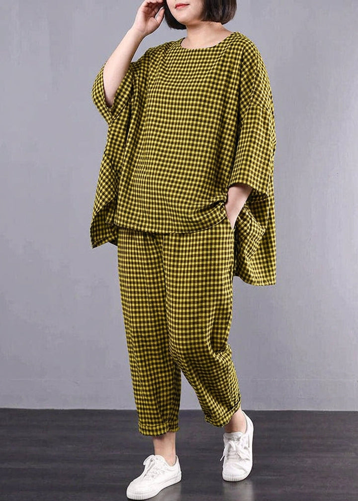 Elke - Rento Plus Size Puuvilla Pellava punainen Ruudullinen Vintage Paita ja Housut