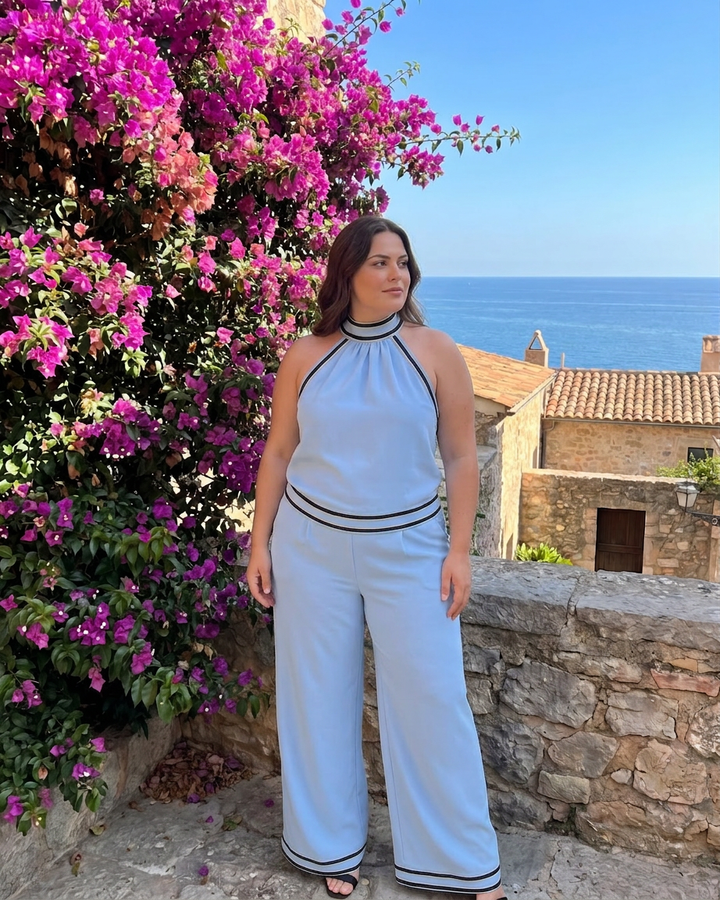 Saffron | Kontrastivärinen Halterneck Laaja Jumpsuit