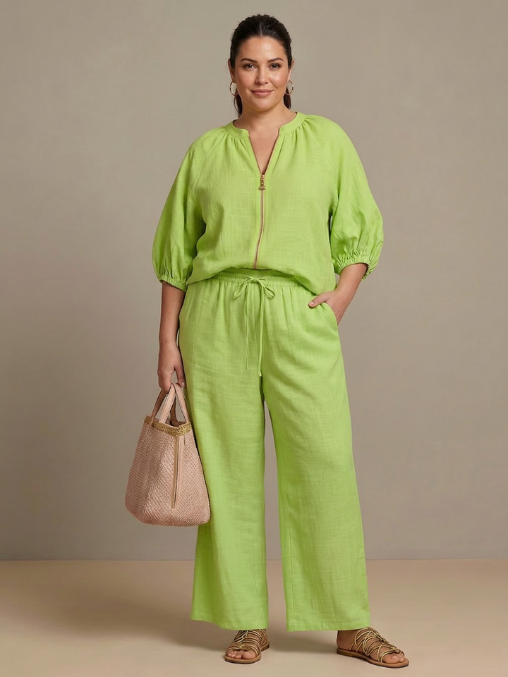 Cecily | Vetoketjufronttinen Blouson-Toppi ja Leveät Housut