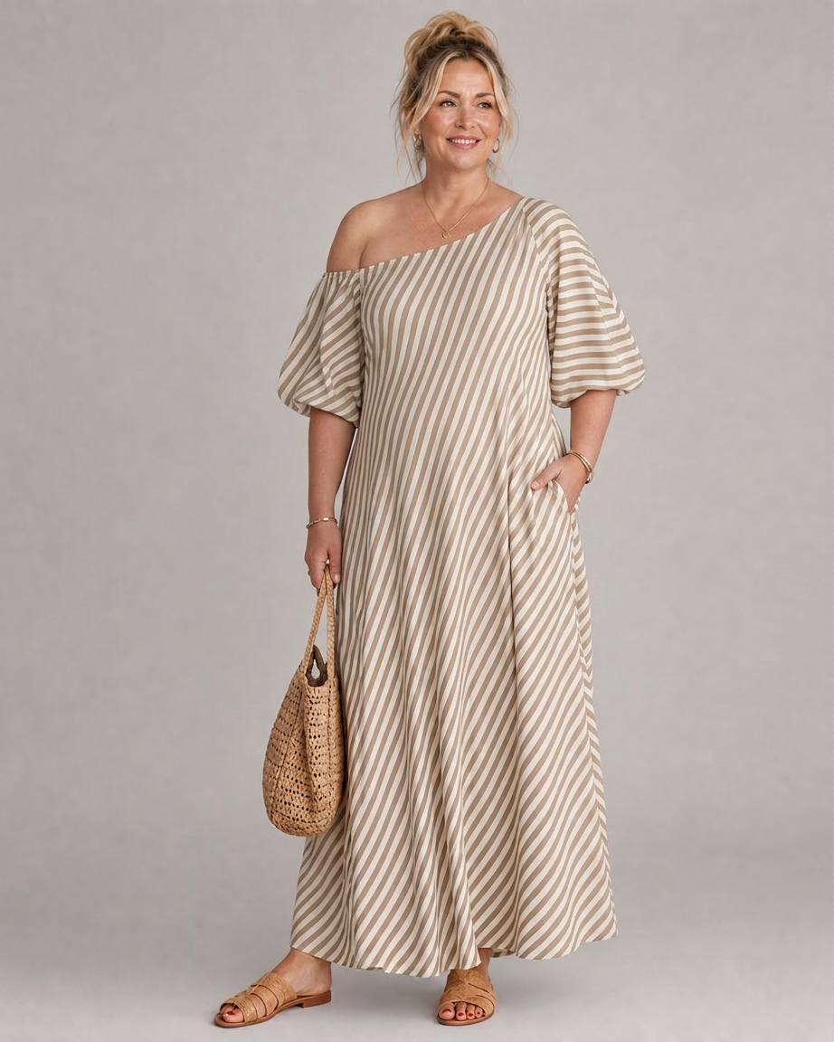 Seraphina | Raidallinen Olkaimeton Puffi Hiha Midi Mekko