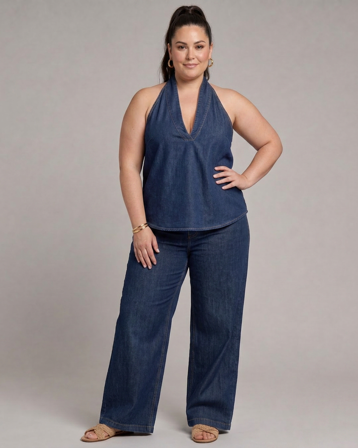 Opaline | Kaula-aukko Denim Toppi ja Lievät Housut Setti