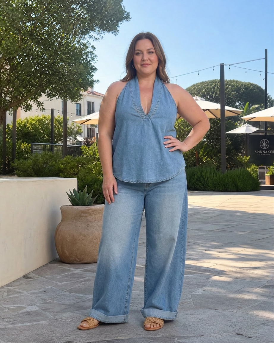 Opaline | Kaula-aukko Denim Toppi ja Lievät Housut Setti