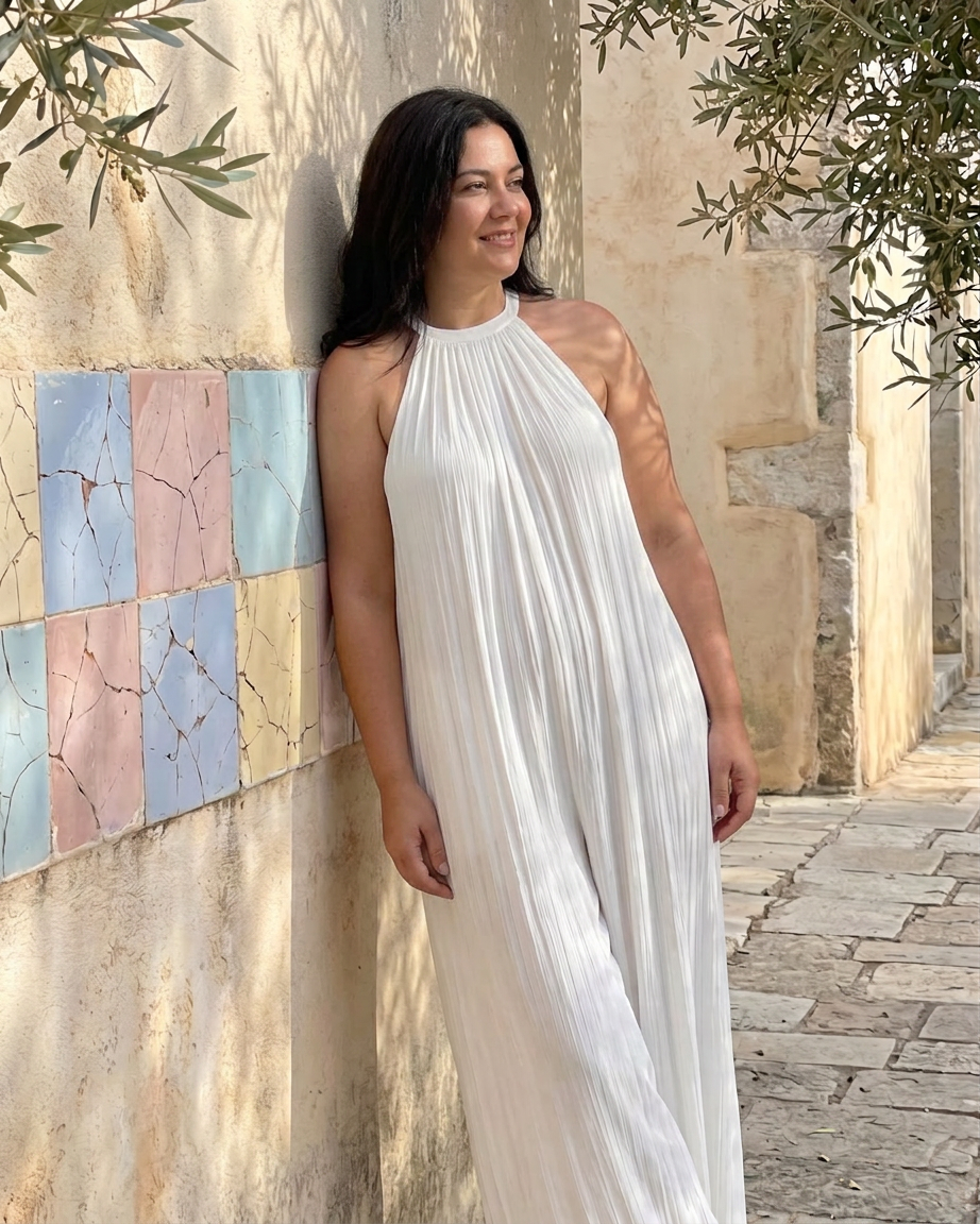 Wanda | Pleatattu Halterneck Laaja Jumpsuit