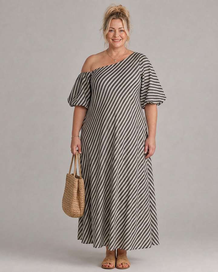 Seraphina | Raidallinen Olkaimeton Puffi Hiha Midi Mekko
