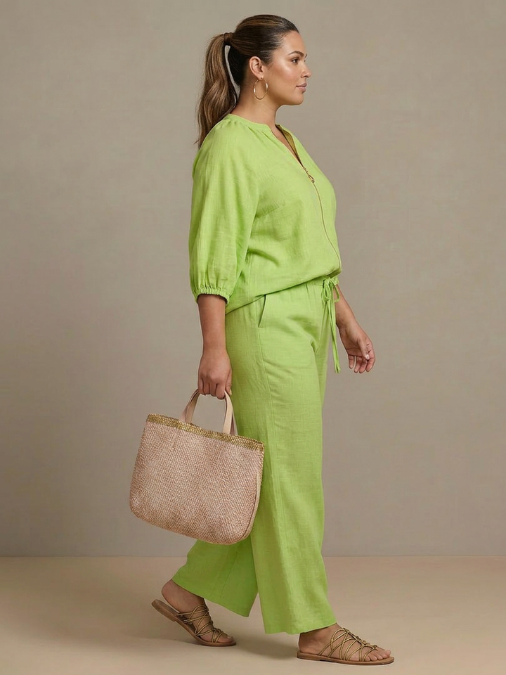 Cecily | Vetoketjufronttinen Blouson-Toppi ja Leveät Housut
