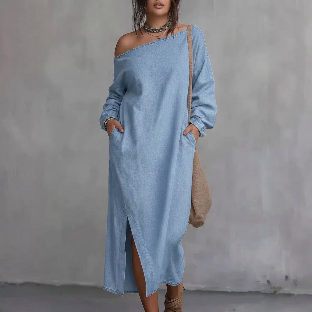 Kaia Olkapäiltä Avattu Halkio Mekko: Moderni Minimalistinen Eleganssi
