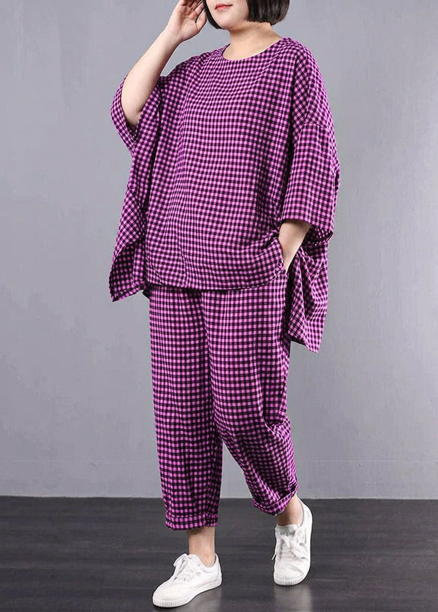Elke - Rento Plus Size Puuvilla Pellava punainen Ruudullinen Vintage Paita ja Housut