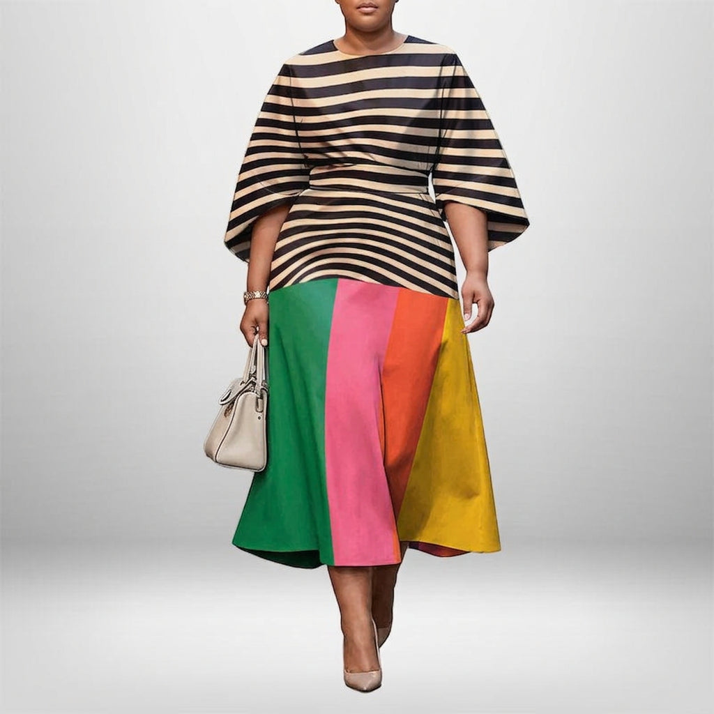 GREER | Raidallinen Colorblock Midi, jossa Muotoiltu Vyötärö ja Moderni Ilme
