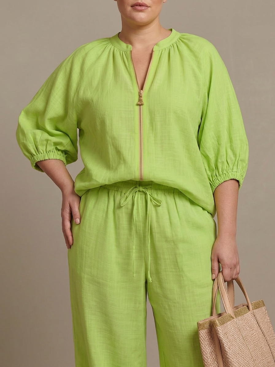 Cecily | Vetoketjufronttinen Blouson-Toppi ja Leveät Housut