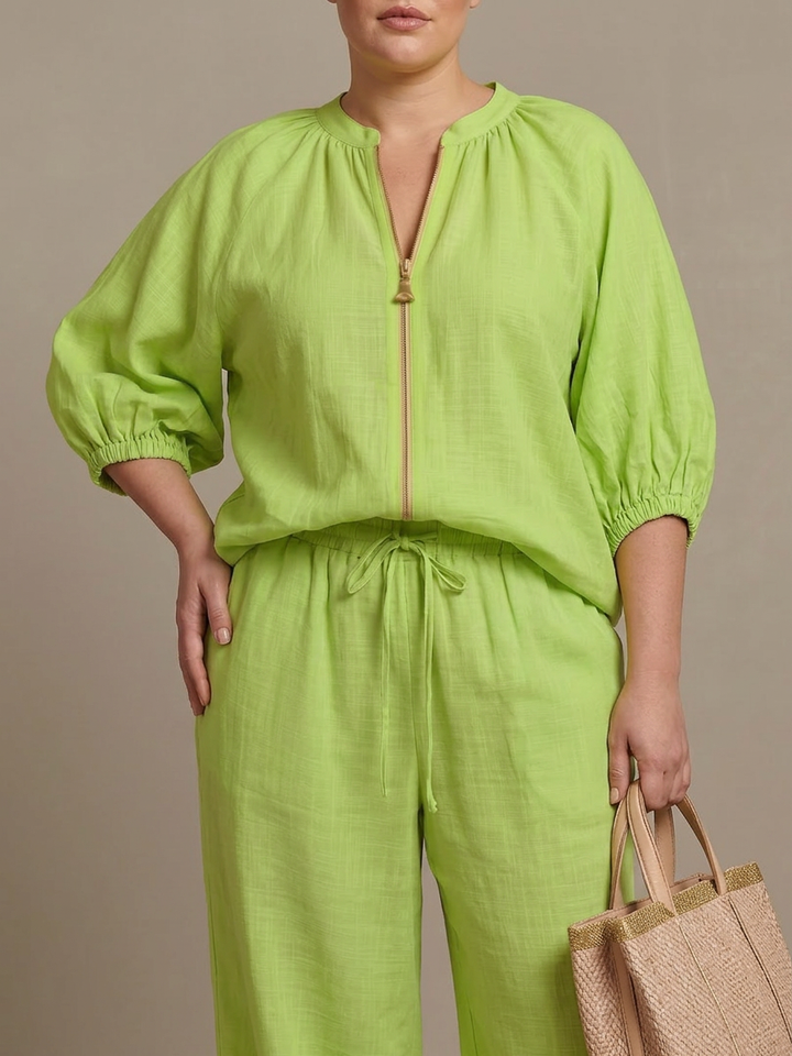 Cecily | Vetoketjufronttinen Blouson-Toppi ja Leveät Housut
