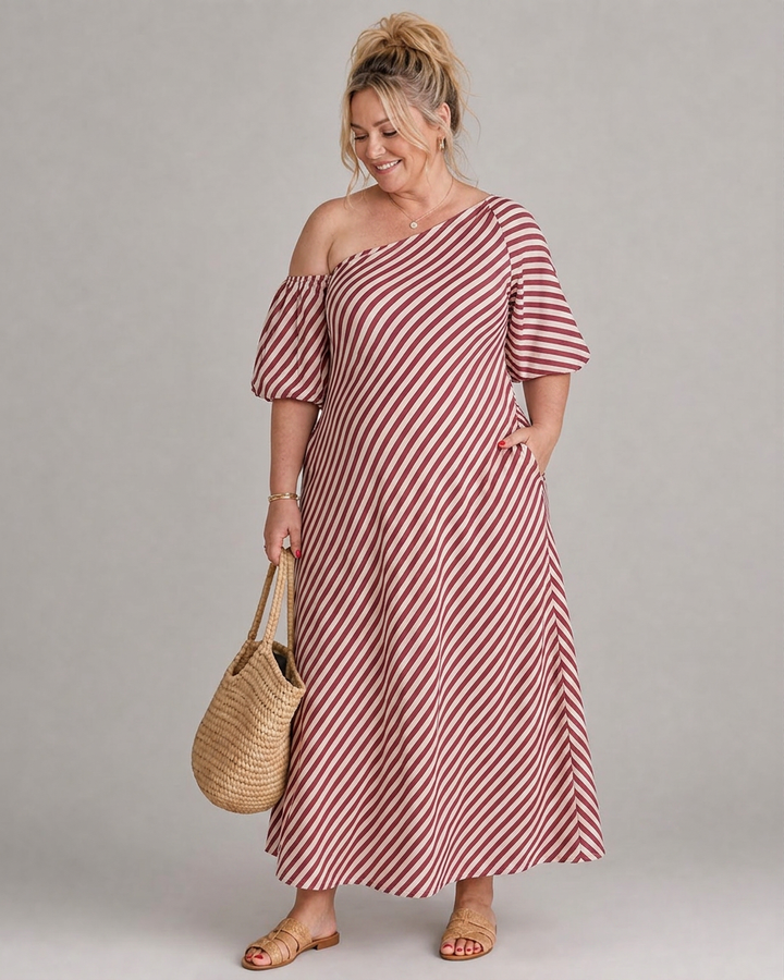 Seraphina | Raidallinen Olkaimeton Puffi Hiha Midi Mekko
