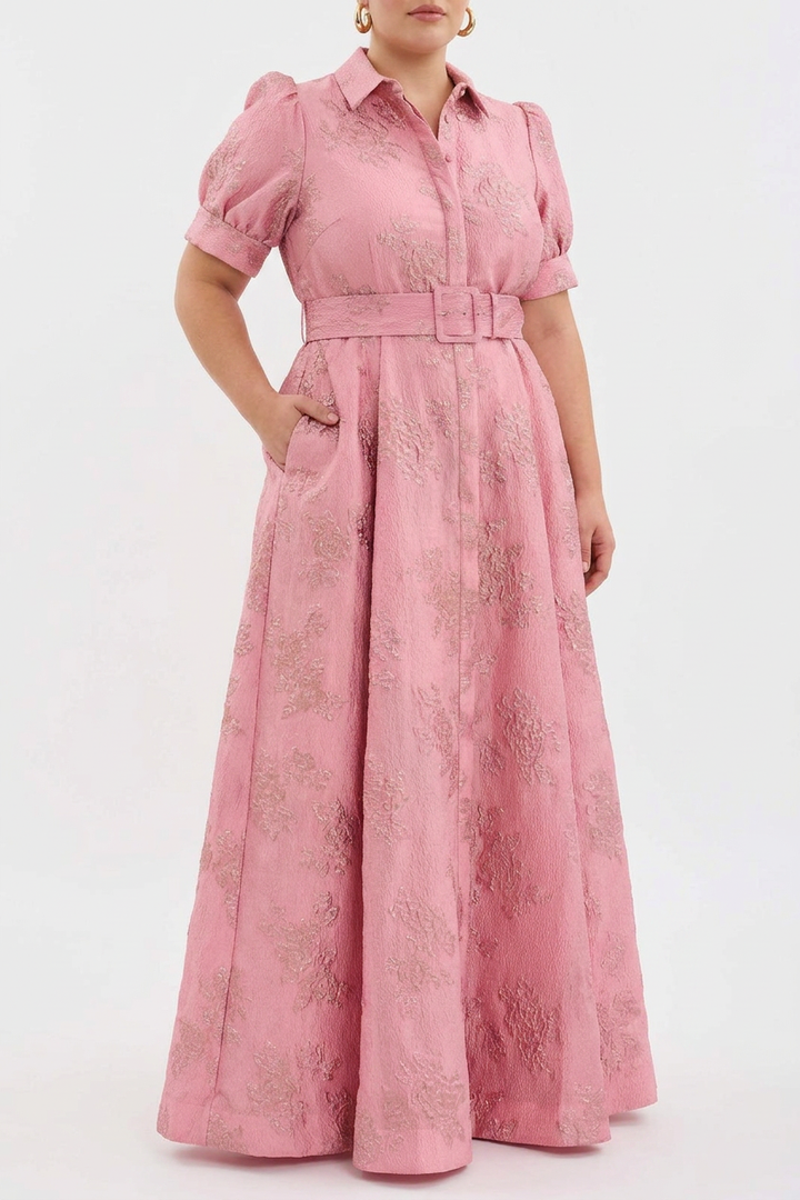 Sunniva | Naisten Vaaleanpunainen Jacquard Vyöllinen Maxi-Mekko