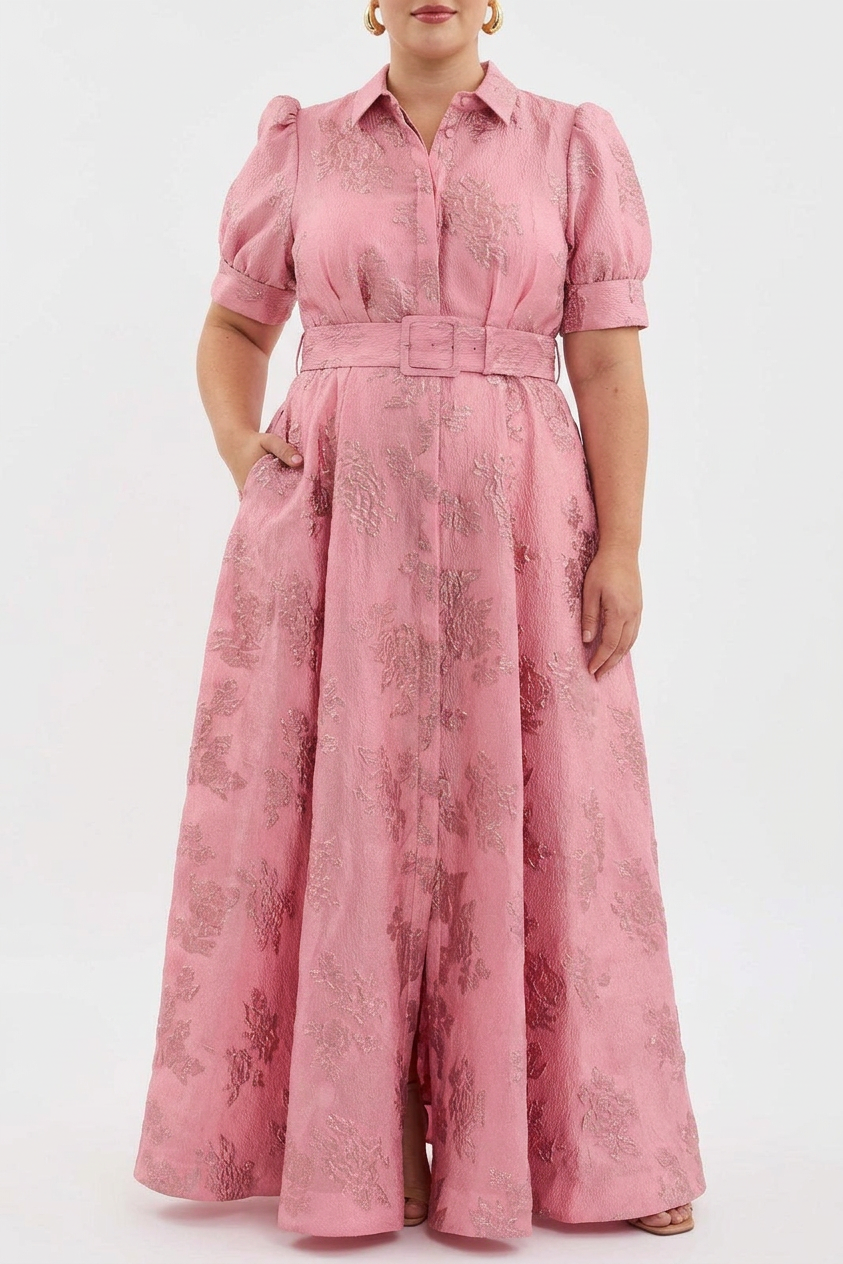 Sunniva | Naisten Vaaleanpunainen Jacquard Vyöllinen Maxi-Mekko