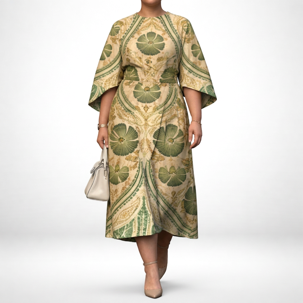 MEI | Vintage Floral Midi muotoillulla vyötäröllä ja kuninkaallisella eleganssilla