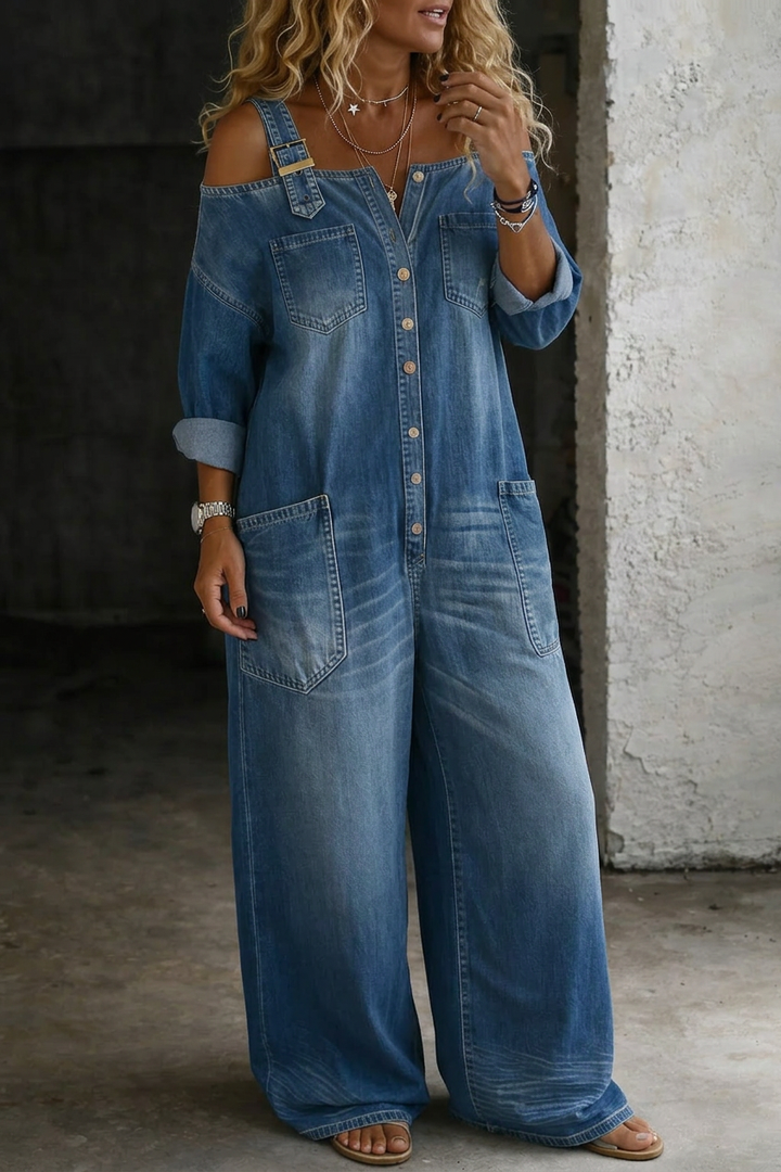 Rosalind | Olkapäältä Avoin Denim-haalaripuku
