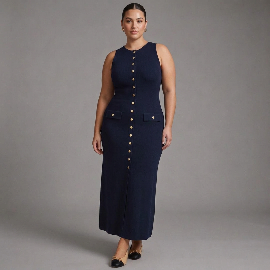 Quinn – Tyylikäs Hihaton Napillinen Bodycon Neule Maxi Mekko