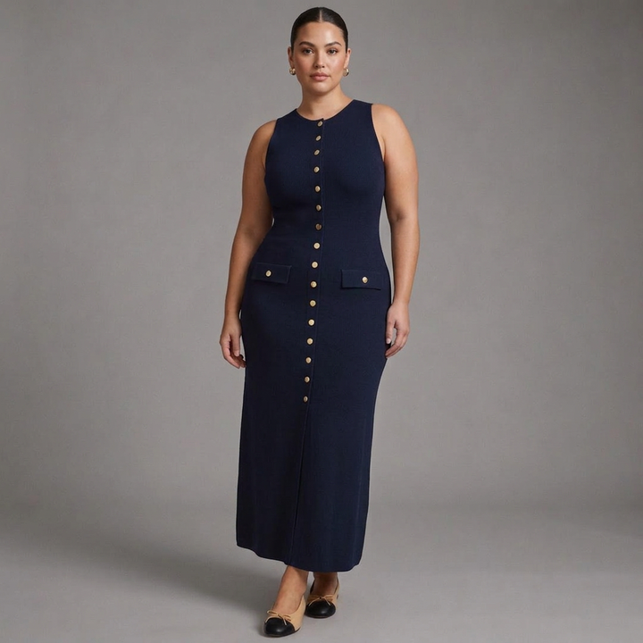 Quinn – Tyylikäs Hihaton Napillinen Bodycon Neule Maxi Mekko