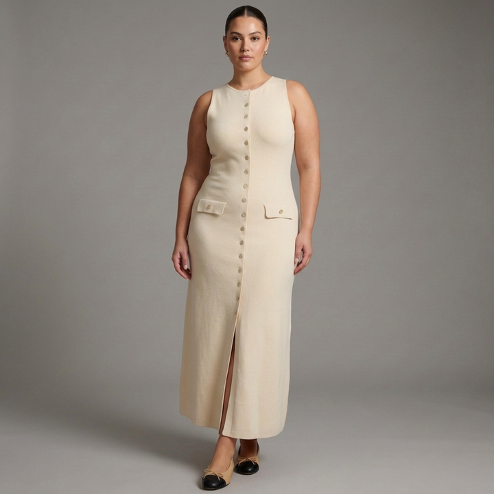 Quinn – Tyylikäs Hihaton Napillinen Bodycon Neule Maxi Mekko