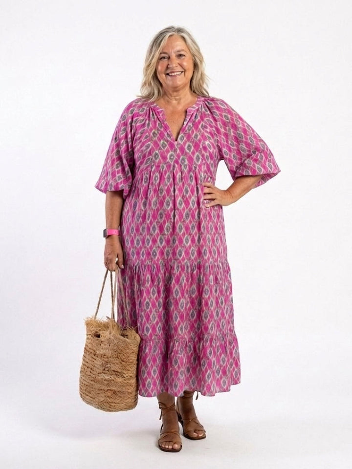 Imogen | Kolmen neljänneksen hihainen V-pääntie kuviollinen midi-mekko