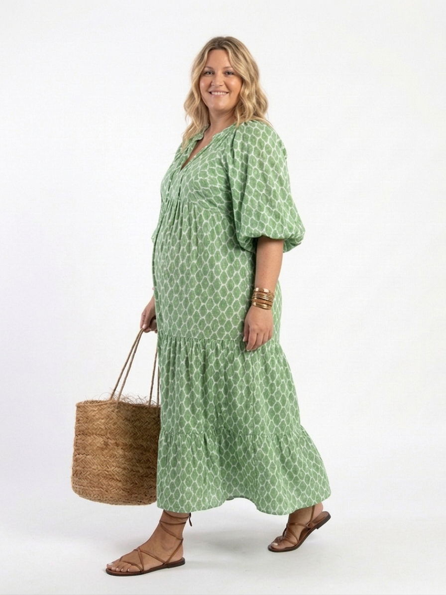 Imogen | Kolmen neljänneksen hihainen V-pääntie kuviollinen midi-mekko