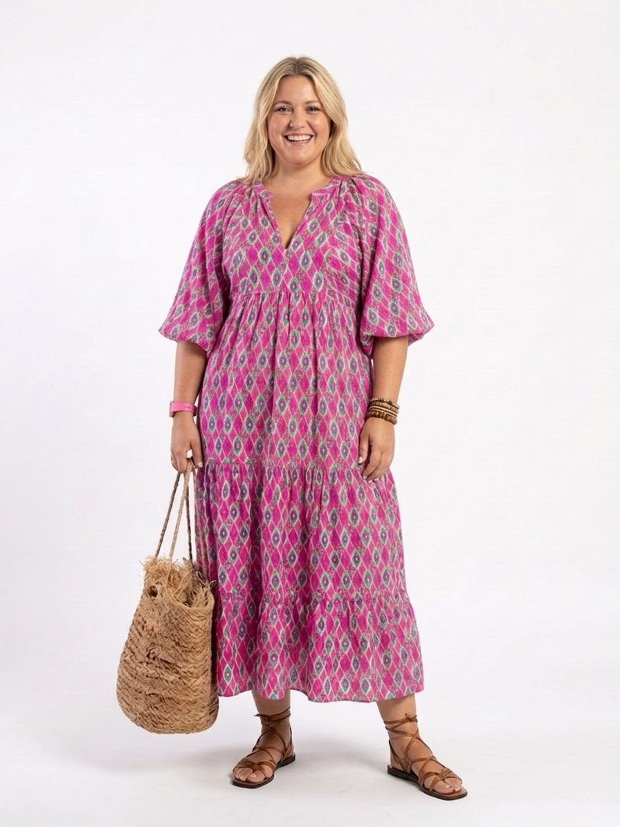 Imogen | Kolmen neljänneksen hihainen V-pääntie kuviollinen midi-mekko