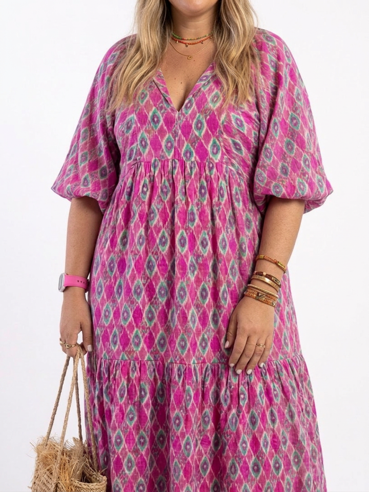 Imogen | Kolmen neljänneksen hihainen V-pääntie kuviollinen midi-mekko
