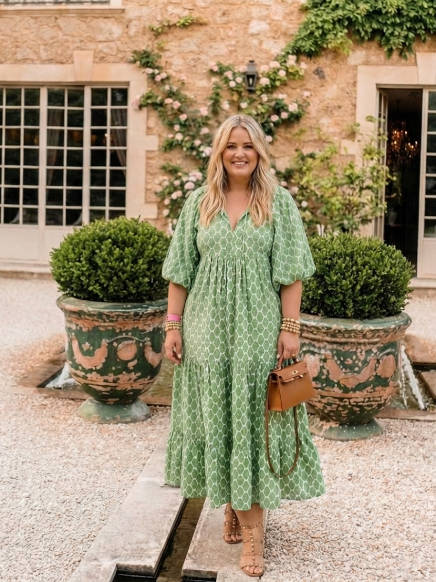 Imogen | Kolmen neljänneksen hihainen V-pääntie kuviollinen midi-mekko