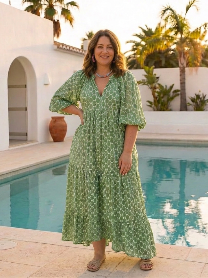 Imogen | Kolmen neljänneksen hihainen V-pääntie kuviollinen midi-mekko
