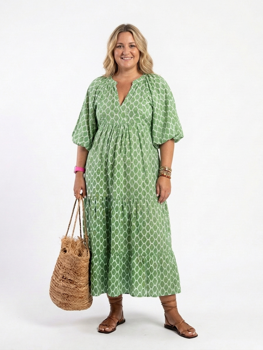 Imogen | Kolmen neljänneksen hihainen V-pääntie kuviollinen midi-mekko
