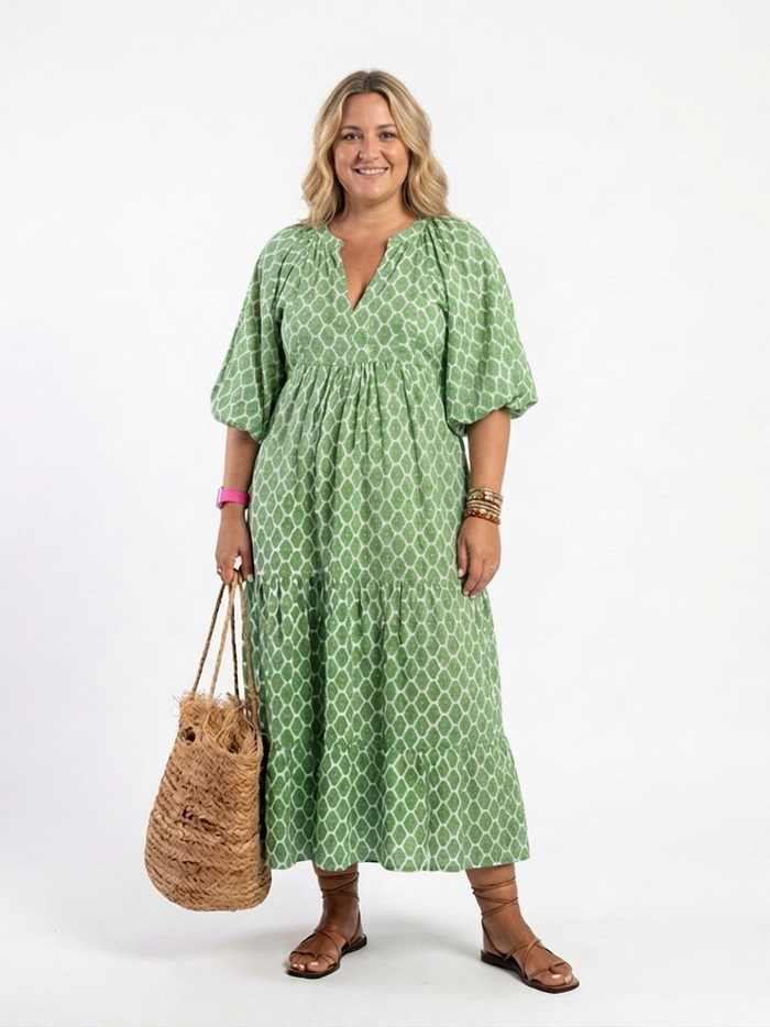 Imogen | Kolmen neljänneksen hihainen V-pääntie kuviollinen midi-mekko