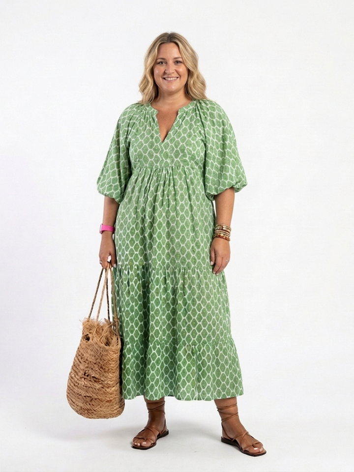 Imogen | Kolmen neljänneksen hihainen V-pääntie kuviollinen midi-mekko