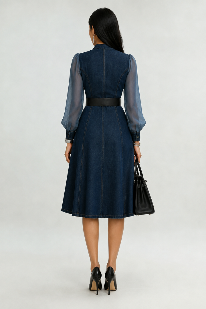 Etta Blue Denim Wrap Midi Mekko Läpinäkyvillä Hihoilla ja Vyöllä
