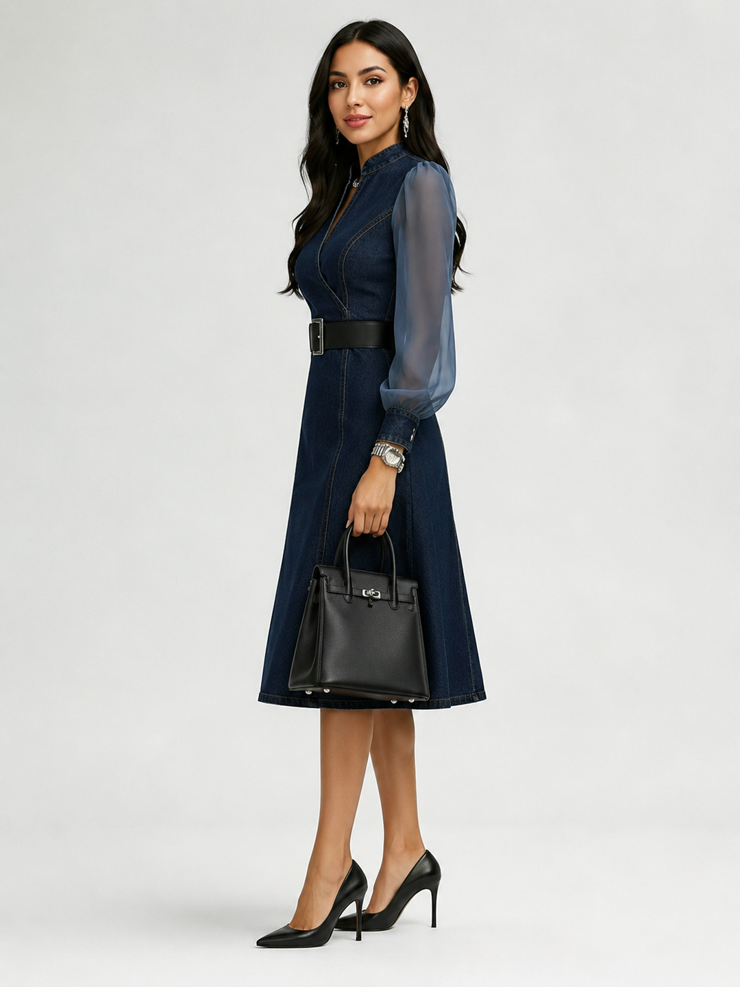 Etta Blue Denim Wrap Midi Mekko Läpinäkyvillä Hihoilla ja Vyöllä
