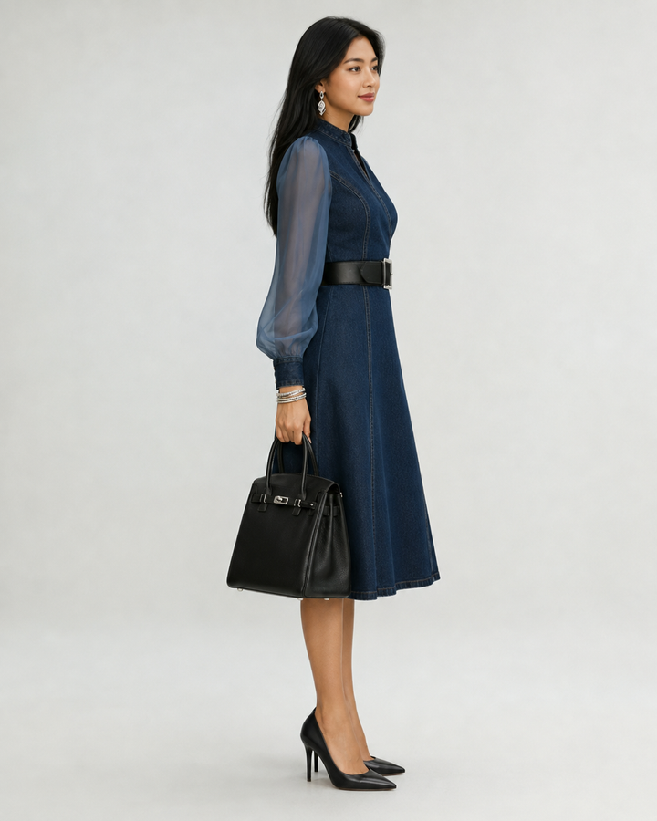 Etta Blue Denim Wrap Midi Mekko Läpinäkyvillä Hihoilla ja Vyöllä