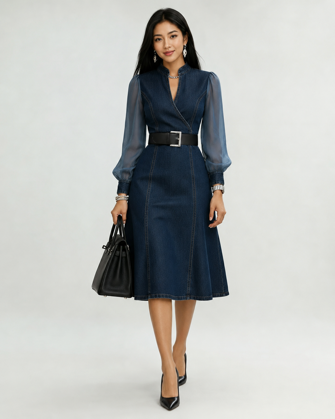 Etta Blue Denim Wrap Midi Mekko Läpinäkyvillä Hihoilla ja Vyöllä