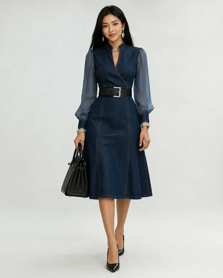 Etta Blue Denim Wrap Midi Mekko Läpinäkyvillä Hihoilla ja Vyöllä