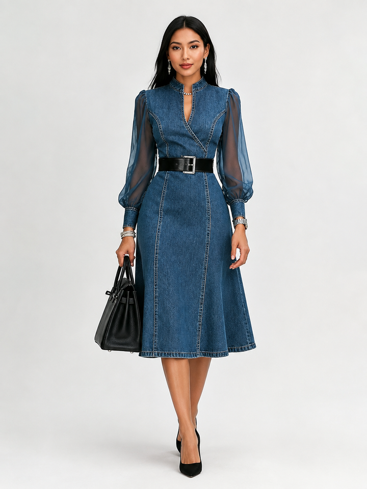 Etta Blue Denim Wrap Midi Mekko Läpinäkyvillä Hihoilla ja Vyöllä
