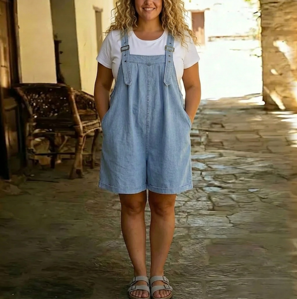 Romaine | Vintage Pesty Pehmeä Puuvillan Tuntu Denim Lyhyt Overall Vaaleansininen