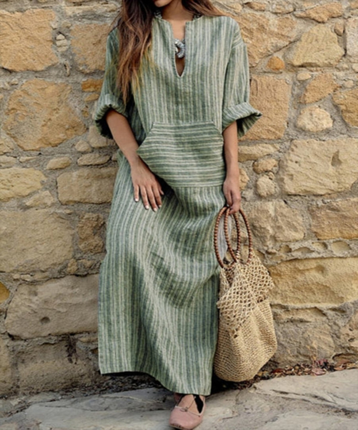 Hailey┃Vapaa-ajan pitkä mekko vintage-raidoilla ja V-pääntiellä