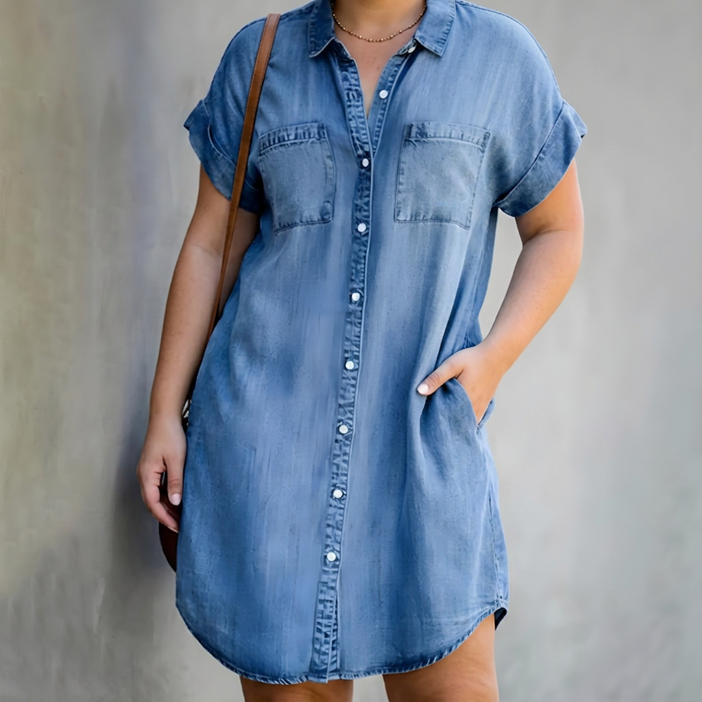 Lavinia | Naisellinen Denim Lyhythihainen Napitettava Mekko